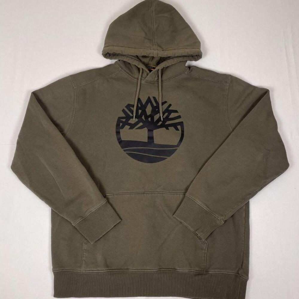 Dark olive timberland graphic pullover hoodie, minor flaw visible in photos